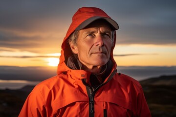 Canvas Print - Portrait of a glad man in his 60s wearing a windproof softshell isolated in vibrant sunset horizon