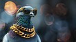 Stylish blue pigeon wearing sunglasses and a massive gold chain.