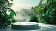 Podium for product demonstration, mesmerizing beautiful tropical landscape in the background, saturated colors, bright picture