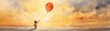 A poignant watercolor of a single balloon escaping a child's hand, soaring into a sunset sky