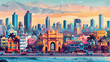 A colorful illustration of Mumbais cityscape featuring the Gateway of India