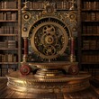 Antique brass podium with steampunk gears, in a vintage library setting, for heritage brand promotion