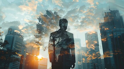 Wall Mural - Cityscape of businessman walking on street double exposure of green summer forest background on urban skyscrapers