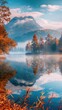 Morning mist rising from a calm lake surrounded by autumn foliage