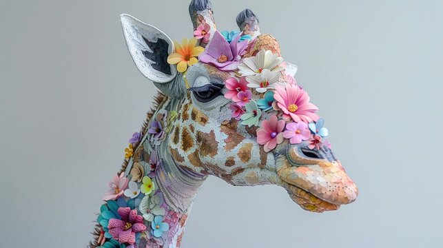 Giraffe decorated with a rainbow of flowers