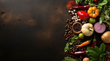 Wall Mural - Gourmet cooking delicious dishes illustration, condiments and spices on black background top view