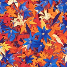 Borage Flowers In Autumn Vibrant Blue Blooms Amidst Red And Yellow Gardenia Forest