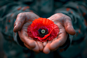 Canvas Print - Soldier hands holding one wild red poppy flower, remembrance day, armistice day, anzac day symbol