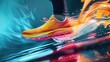 © Huma - A dynamic action shot of brightly colored running shoes mid-stride, capturing the energy and performance of a high-quality athletic shoe.