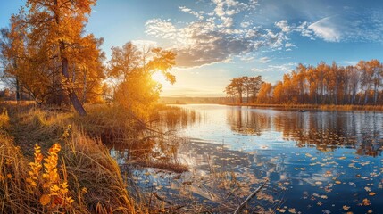 Wall Mural - Panorama Of Autumn River Landscape In Belarus Or European Part Of Russia At Sunset. Sun Shine Over Blue Water Lake Or River At Sunrise. Nature At Sunny Morning. Woods With Orange Foliage On Riverside