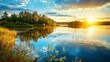 sunset at coast of the lake. Nature landscape. Nature in northern Europe. reflection, blue sky and yellow sunlight. landscape during sunset