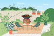 © Катерина Фирсова - Patio area with cooking grill. House backyard with outdoor kitchen, green plants Garden modern furniture for barbecue and picnic. Outdoor furnished yard for BBQ summer parties Flat vector illustration