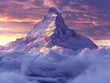 A majestic mountain peak rising above swirling clouds, with the first light of dawn painting the sky in hues of purple and gold alpine splendor Soft, ethereal lighting imbues the scene with a sense
