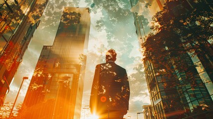 Wall Mural - Double exposure cityscape of businessman wearing suit walking on street at sunset with skyscrapers overlayed with green summer forest.