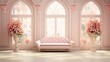 Elegant Wedding Scene: Pink Vintage Backdrop with Arched Doorways
