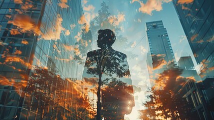 Wall Mural - Business executive man wearing suit walking on green city street with skyscrapers double exposure of summer forest with trees on buildings