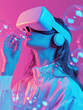 Woman immersed in virtual reality experience with soap bubbles floating in front of her on pink background