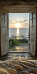 Poster - Offenes Fenster oder Tür mit Meerblick, Cocoa Island, SEVEN SISTERS, EAST SUSSEX