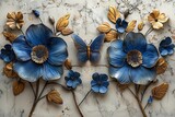 Fototapeta Dziecięca - 3 panel wall art, marble background with golden and silver flowers designs, blue flowers