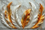 Fototapeta Dziecięca - 3 panel wall art, marble background with golden and silver feather designs