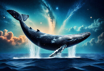 a whale jumping out of the water with stars in the background