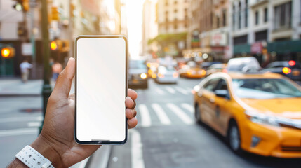 navigation in smart phone app. Tourist's hand holding smartphone with blank screen for taxi or car sharing app. Travel, get taxi, electronic guide