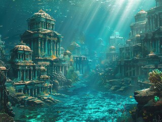 Wall Mural - A mysterious underwater city with ancient ruins and colorful sea life thriving among the coral reefs lost civilization Sunlight filters down from the surface, illuminating the hidden wonders