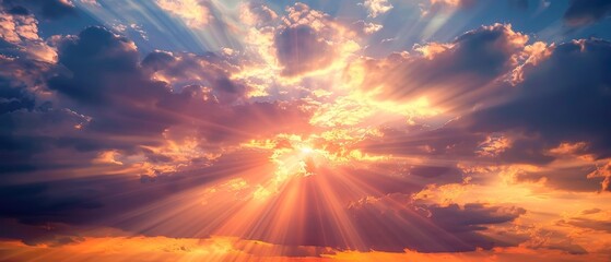 Poster - A sunset with rays from the sun, a cloudy sky with the sun in it.