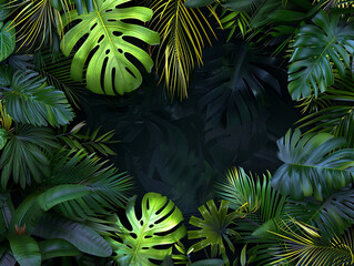 Wall Mural - A lush tropical jungle background with various green palm leaves and monstera plants, creating an exotic and textured pattern on a black backdrop. 