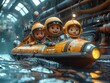 3D cartoon characters in a submarine voyage, exploring mysteries, ocean depths background