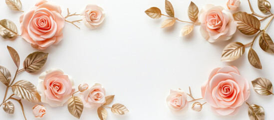 Wall Mural - Flowers composition. Frame made of rose flowers on white background. Flat lay, top view, copy space. Mother's day background.