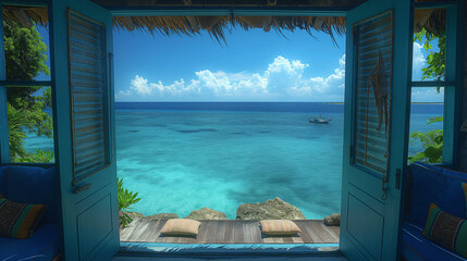 Canvas Print - Offenes Fenster oder Tür mit Meerblick,Cocoa Island, South Male Atoll, Seychelles