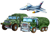 Fototapeta  - cartoon scene with two military army cars vehicles and flying jet fighter plane theme isolated background illustration for children