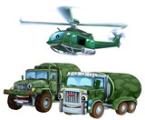 Fototapeta  - cartoon scene with two military army cars vehicles and flying helicopter theme isolated background illustration for children