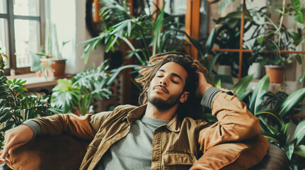 Stylish young african man relaxing at home sitting in armchair in modern interior with green plants