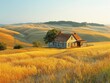 A rustic farmhouse nestled in a peaceful countryside setting, with rolling hills and fields of golden wheat stretching to the horizon rural idyll Soft, warm light bathes the landscape in a gentle glow