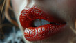 Pretty Women Dark Red Lips With Red Lipstick Macro View
