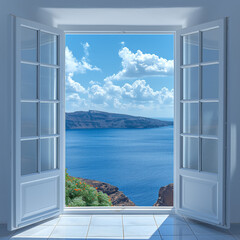 Canvas Print - Offenes Fenster oder Tür mit Meerblick, Santorin, Greece