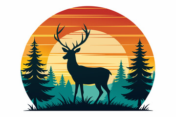 Wall Mural - t-shirt-design-with-sunset--in-silhouette-deer