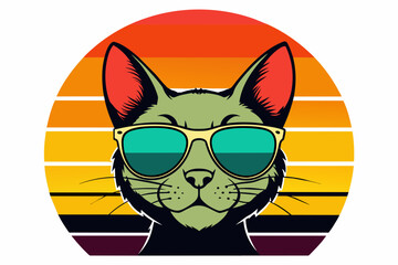 Wall Mural - t-shirt-design-with-cat sunset--in-silhouette-sunglass