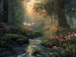 A serene woodland glade bathed in the soft light of dawn, with dew-kissed flowers blooming among moss-covered rocks and ferns forest tranquility The peaceful beauty of the forest is portrayed