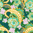 Watercolor Green and gold luxury traditional Indian paisley and white flower arrangement seamless background