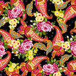Watercolor Peony bouquet blossom traditional Indian paisley arrangement seamless background