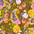 Watercolor Rose flowers pattern, traditional Indian paisley golden arrangement seamless background