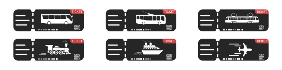 Poster - Travel tickets for, plane, train, trolleybus, tram, bus, ship. Set of tickets for various transport vector. Black icons of tourist tickets for transport. Ticket booking for tourism.