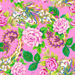Watercolor Pink Rose flowers pattern, traditional Indian paisley arrangement seamless background
