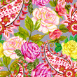 Watercolor Rose flowers pattern, traditional Indian paisley arrangement seamless background
