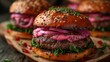Gourmet Burger with Pickled Red Onions on Wooden Board