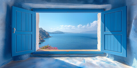 Canvas Print - Offenes Fenster oder Tür mit Meerblick, Santorin, Greece