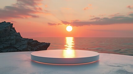 Wall Mural - A sunset over the ocean with a white marble podium in the foreground.